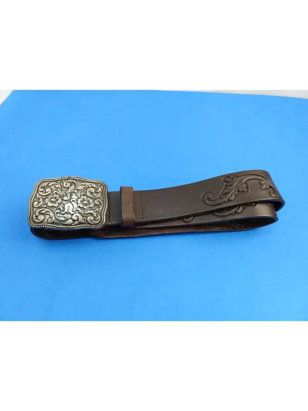 Women's Topfer Brown Pressed Leather Belt Ornate Buckle Western Size 95